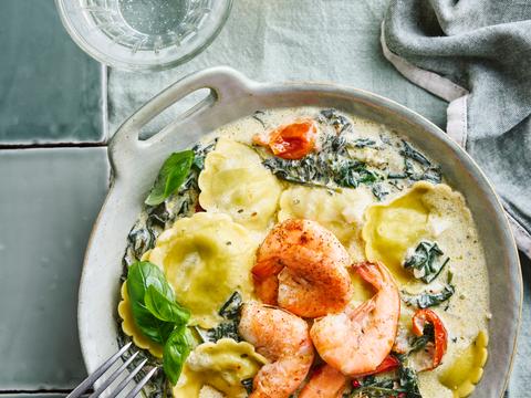 Ravioli met scampi’s in spinaziesaus