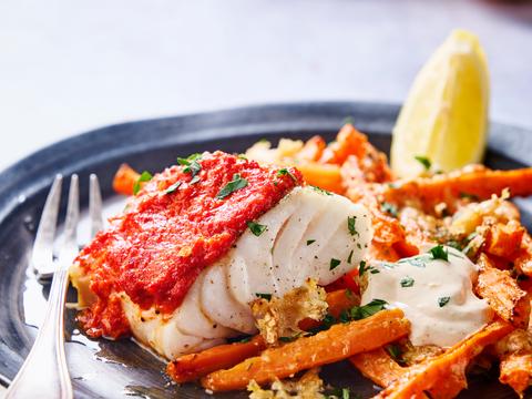 Geroosterde vis met parmezaan-wortelfrietjes