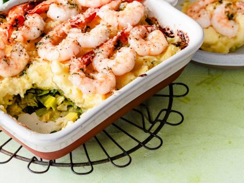 scampigratin met prei en puree