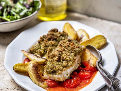 wittevisfilet met een korstje van citruspesto en broodkruim