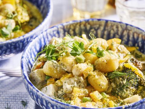Vispannetje in pestoroomsaus met gnocchi