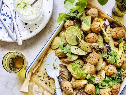 Geroosterde krieltjes met kippenballetjes 