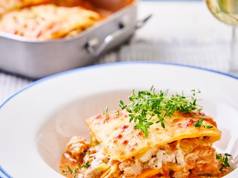 Pompoenlasagne met kip en prei