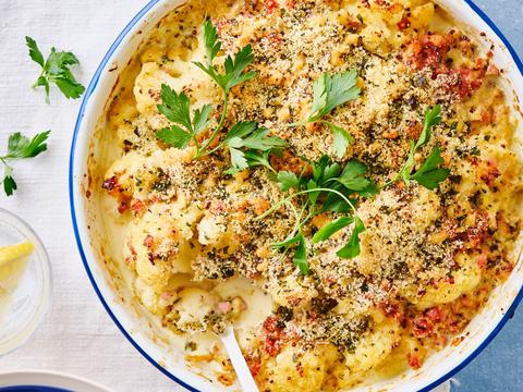 Romige bloemkoolschotel met ham en mosterdkaas