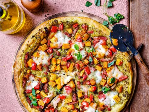 Plaattaart met pompoen, spekjesen mozzarella