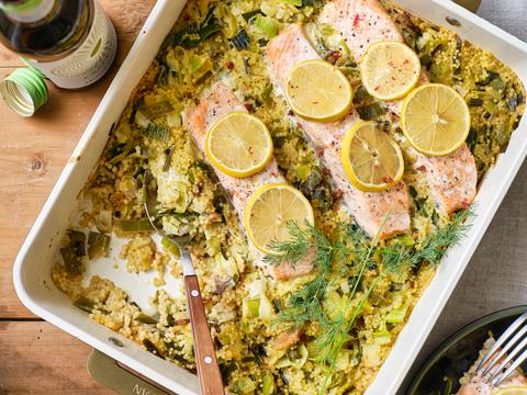 Ovenzalm met prei en couscous
