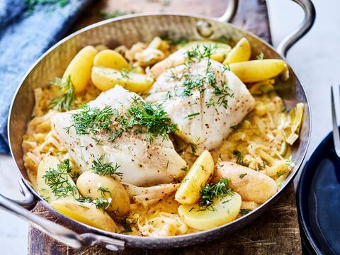 One pot kabeljauw met mosterdroomsaus