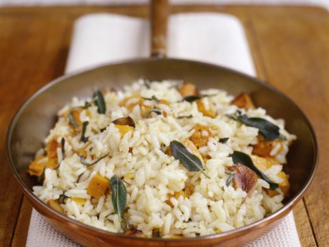 Risotto de potiron, pancetta et bouillon