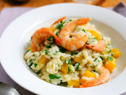 Pompoenrisotto met scampi's