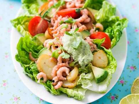 Aardappelsalade met Noordzeegarnaal en avocado