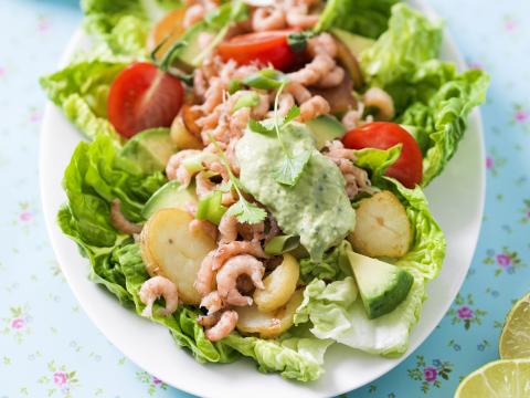 Aardappelsalade met Noordzeegarnaal en avocado