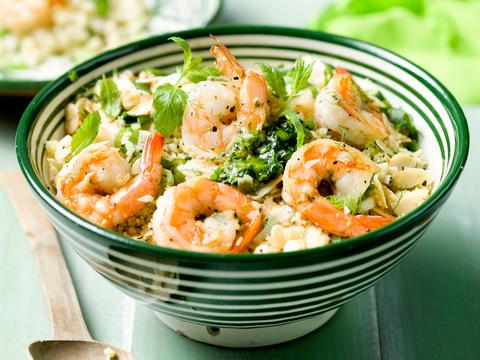 Tabouleh met scampi's en amandelpesto