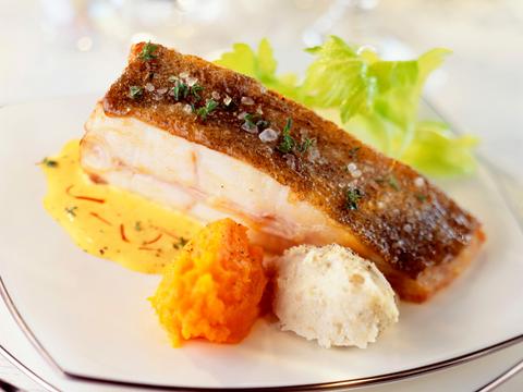 Op vel gebakken tarbot met quenelles van wortel en artisjok