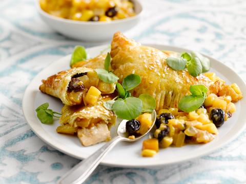 Bladerdeegpakketjes met kalkoen en mangochutney
