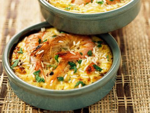 Clafoutis met krab, garnalen en rijst