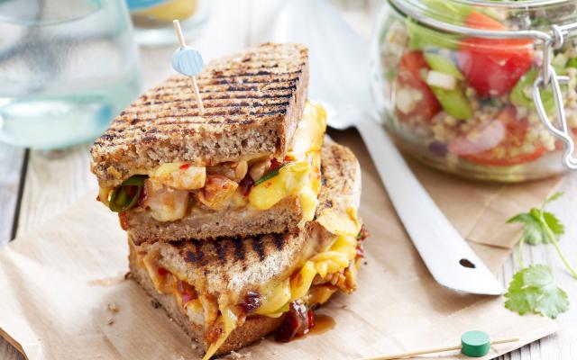 Barbecue-chicken-grilled-cheese sandwich