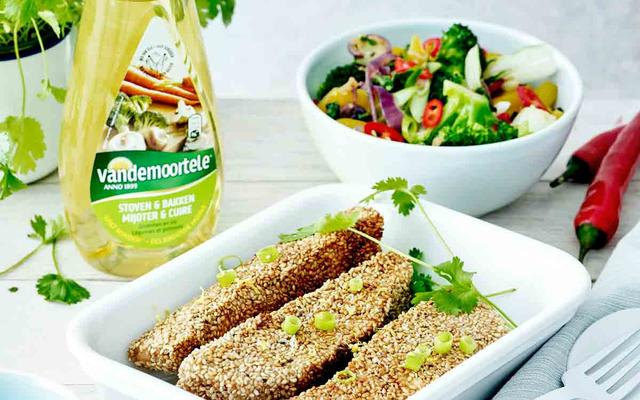 Zalm in sesamkorst met gewokte groenten
