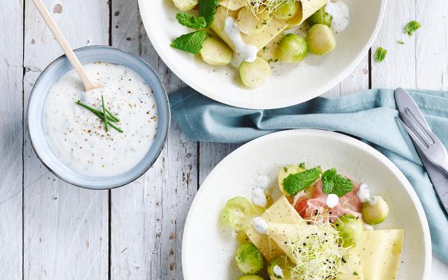 Open lasagne met spruitjes, prosciutto, citroen en pecorino