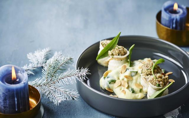 Tongrolletjes met aardappelcrème en lamsoor