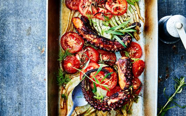In de oven gestoofde octopus met tomaten en venkel