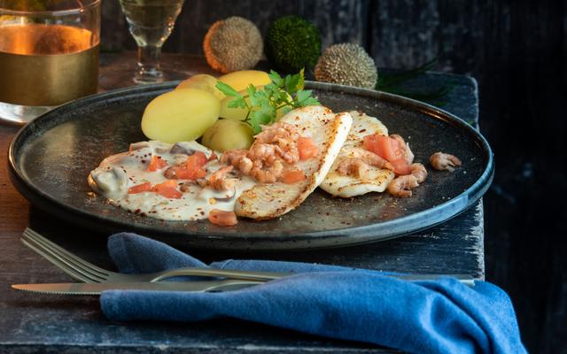 Tarbot dugléré met garnalen