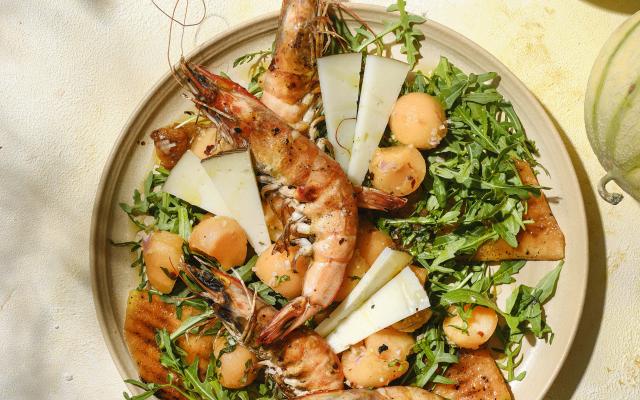 Salade met meloen, manchego en gamba‘s