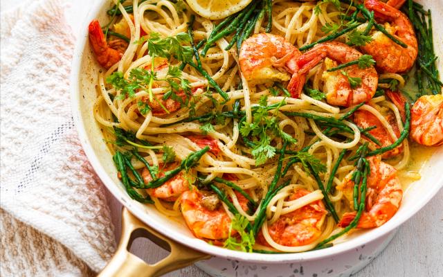 Linguine met scampi’s, citroen en zeekraal