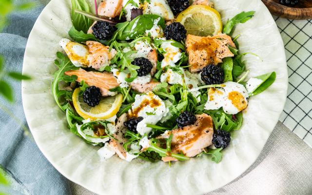 Salade met braambessen, burrata en gebakken zalm