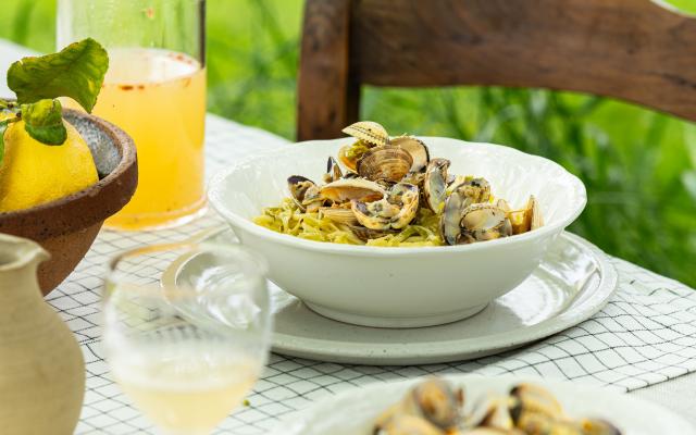 Pasta met jonge prei en schelpjes
