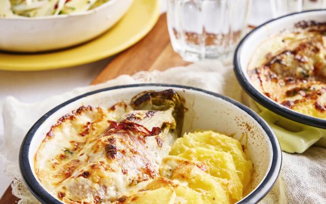 Witloofgratin met vier kazen met krokant witloofslaatje