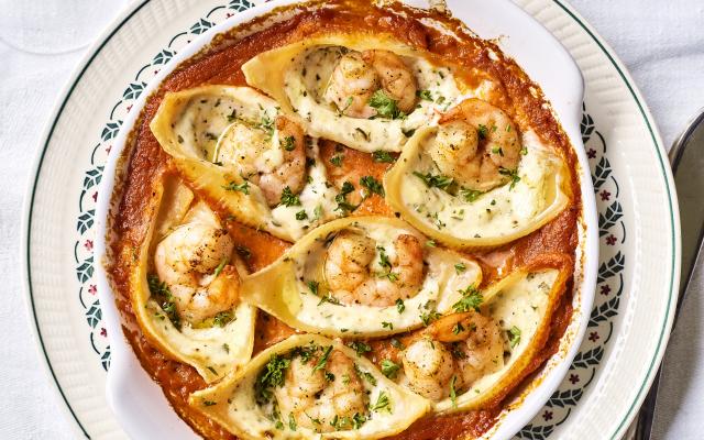 Pastaschelpen met kruidenmascarpone en scampi’s