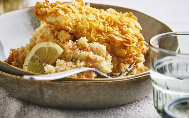 Wortelstoemp met krokante vis uit de airfryer