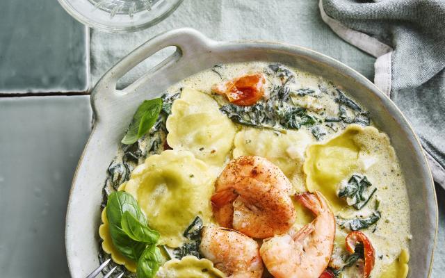 Ravioli met scampi’s in spinaziesaus