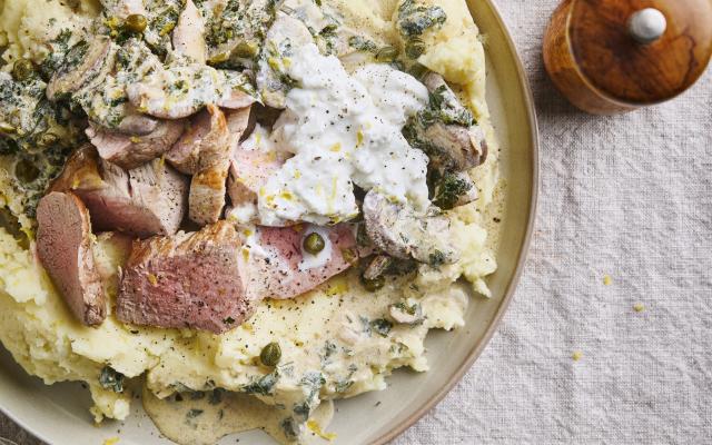 Puree met varkenshaasje en kastanjechampignons