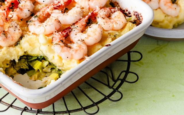 Scampigratin met prei en puree
