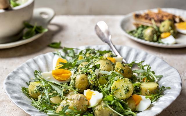 Aardappelsalade met pesto en ­gegrilde kip