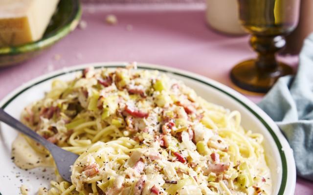 Spaghetti carbonara zonder ei, met spek en room
