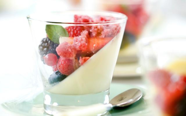 Panna cotta met bessen en rabarbergranité
