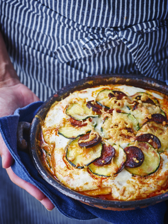 Zoete-aardappellasagne met chorizo en ricotta