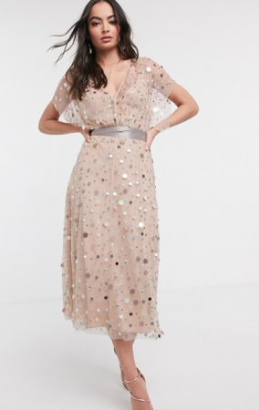 Champagnekleurige midi-jurk met oversized pailletten