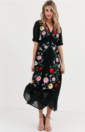 Zwarte maxi-jurk met geborduurde bloemen