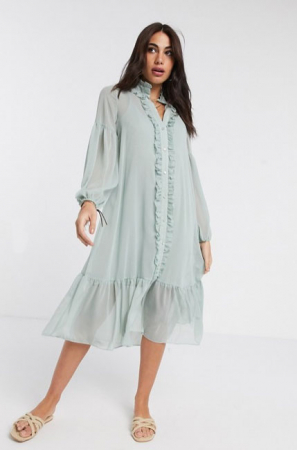 Oversized jurk met ballonmouwen in saliegroen