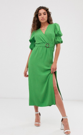 Groene midi-jurk met pofmouwen en riem