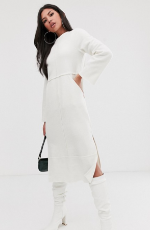 Witte midi-jurk met split en lange mouwen