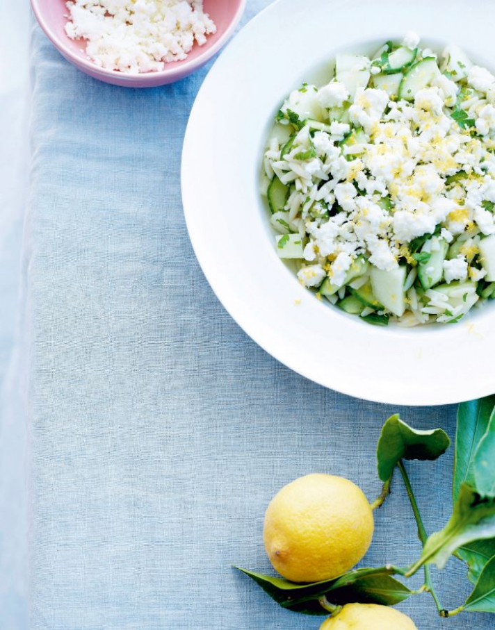 Pâtes au citron, concombre, melon et Proscuito