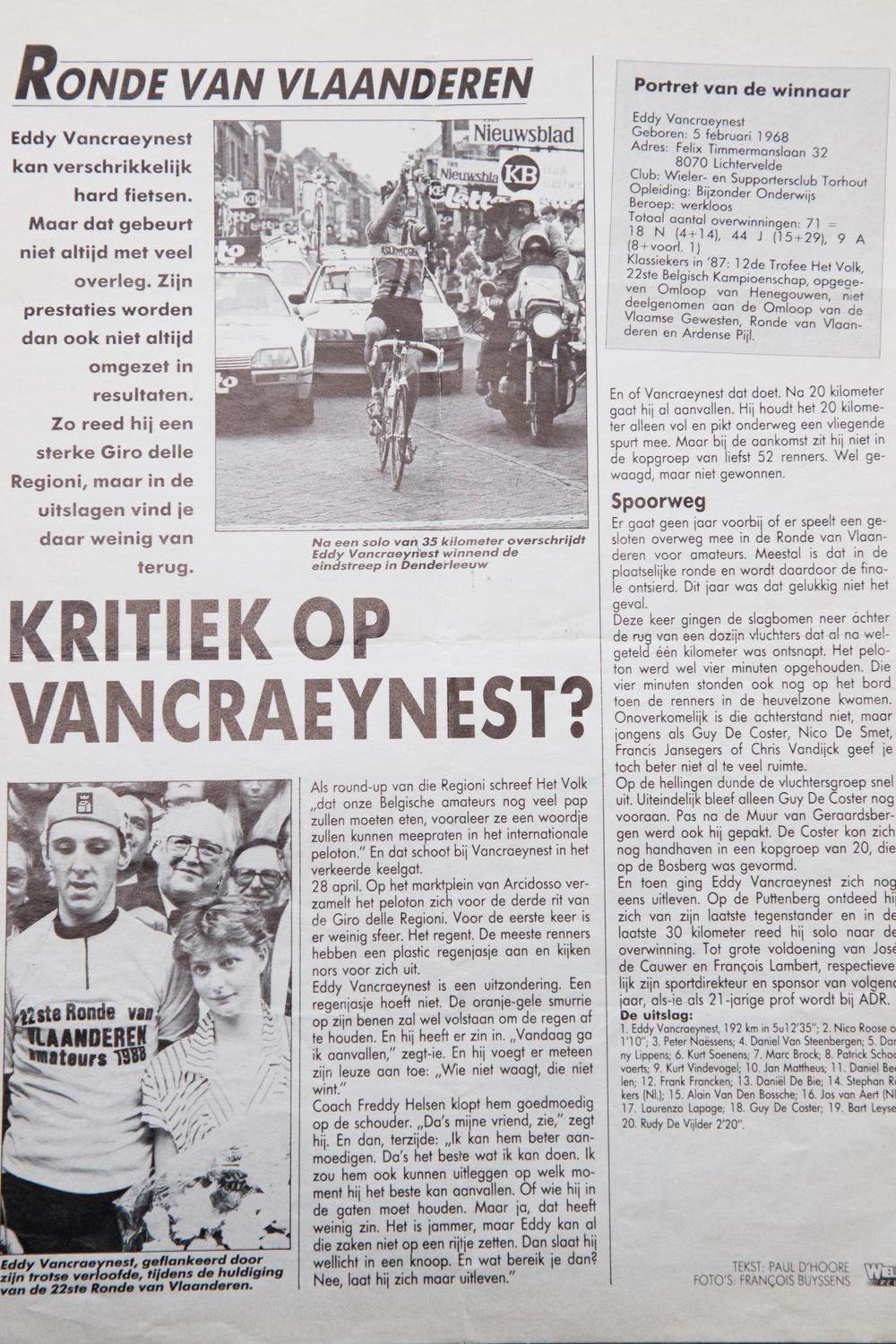 In 1988 won Eddy Vancraeynest na een solo van 35 km op imponerende wijze de Ronde van Vlaanderen voor amateurs. (Foto repro-Kurt)