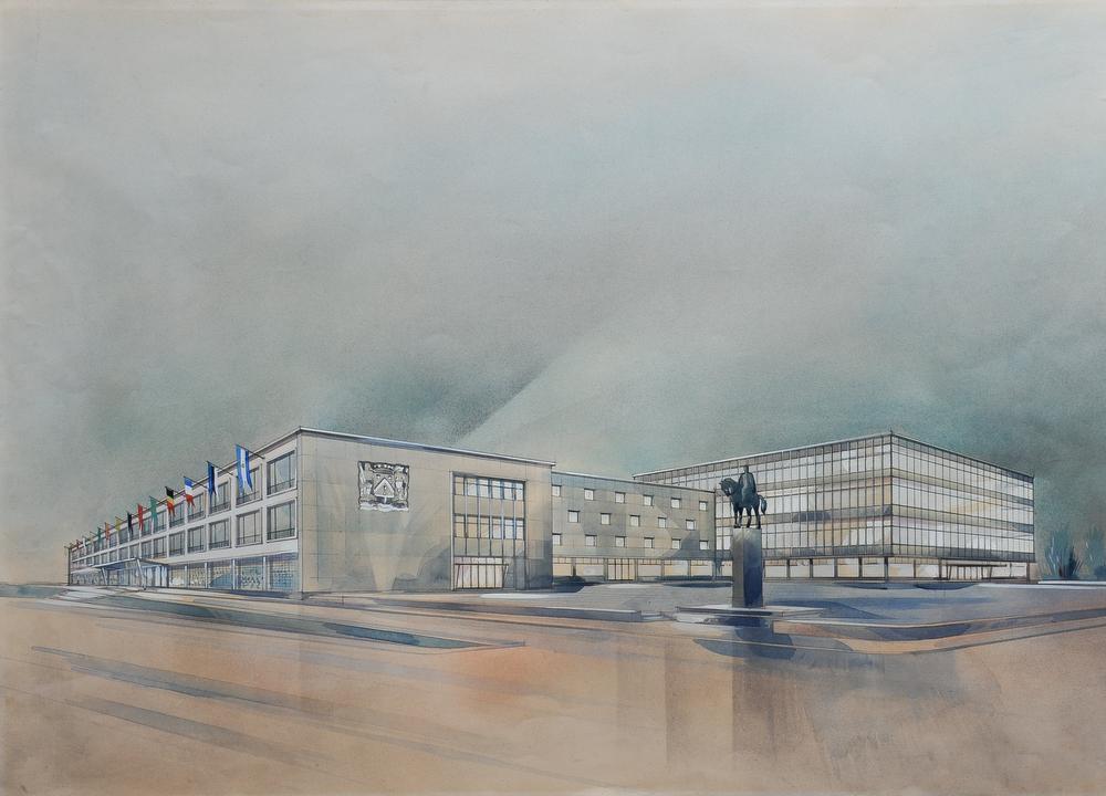 Een perspectieftekening van het nieuwe stadhuis, ontworpen door Victor Bourgeois in 1954. De wens van de middenstand voor een reconstructie van het oude stadhuis op het Wapenplein werd afgeketst.