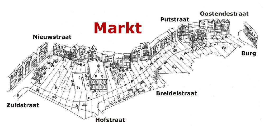 Een zicht op hoe de Markt er mogelijk zou uitzien: met eenrichtingsverkeer vanaf de Burg.