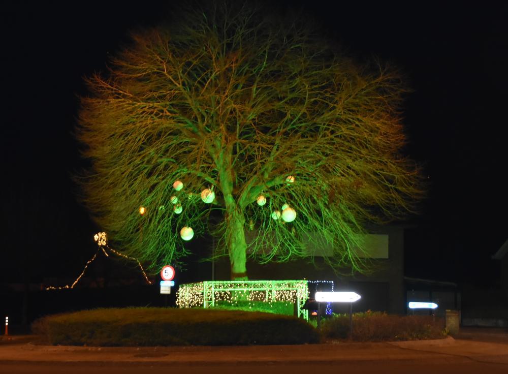 De grote boom op de rotonde van Rollegem kleurt groen en heeft enkele grote kerstbollen hangen. Het centrum oogt donker en grauw.