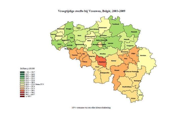 De kaart voor de sterftecijfers van vrouwen oogt ook vriendelijk voor West-Vlaanderen. (Kaart WIV)